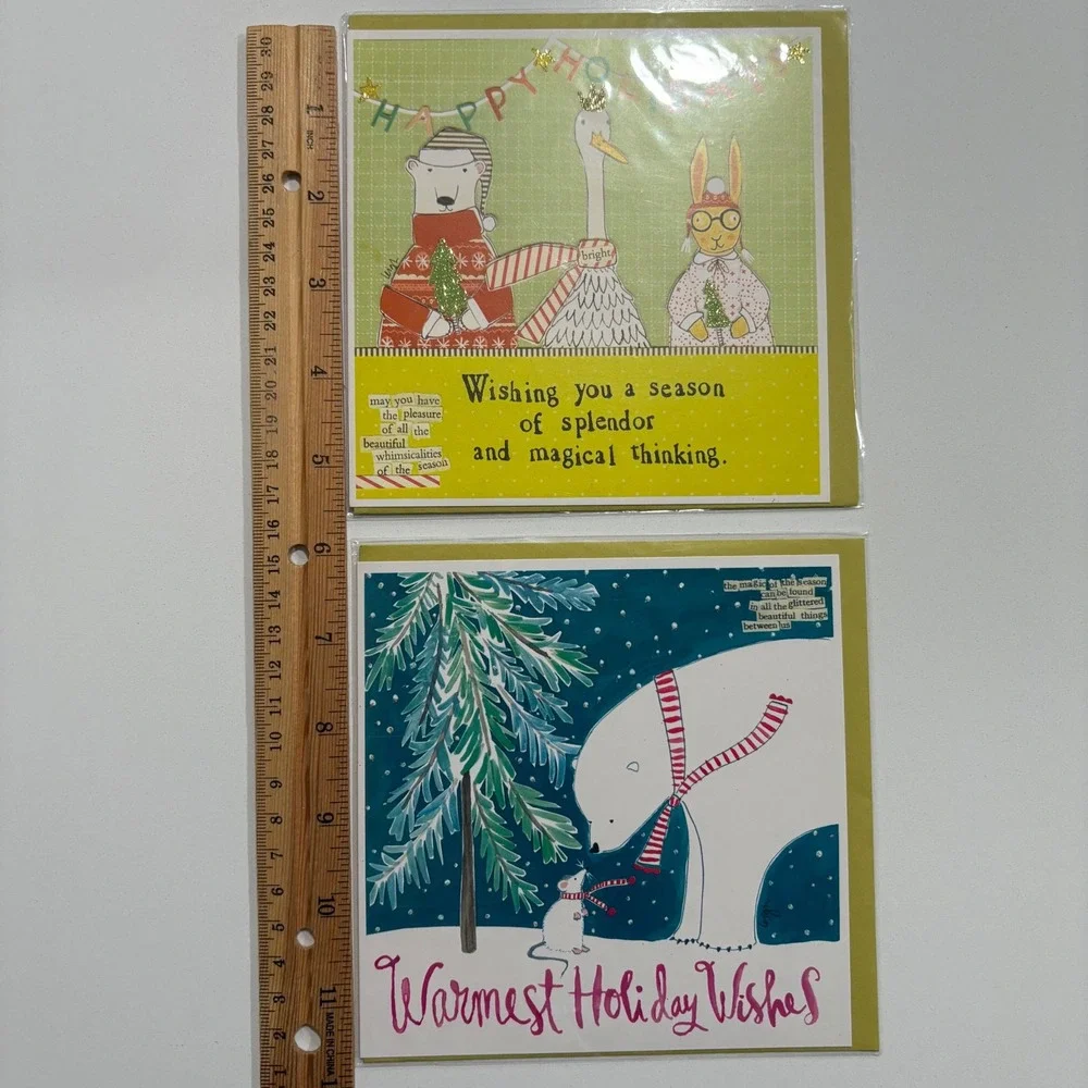 2 Holiday Greeting Cards Polar Bear Goose Rabbit‎ Holiday Warmest Wishes New